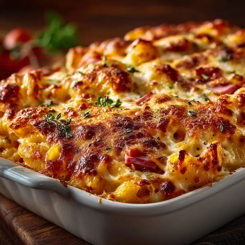 A white bowl filled with a casserole dish.