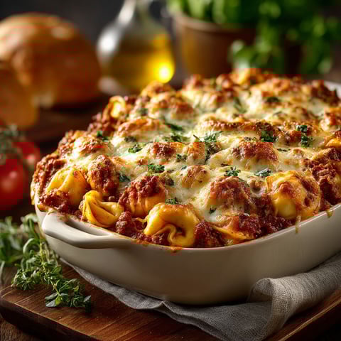 A dish of pasta with meat and cheese.