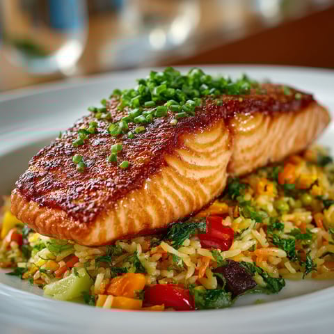 A plate of food with salmon and rice.