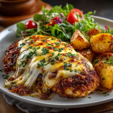 A plate of food with chicken, potatoes, and salad.