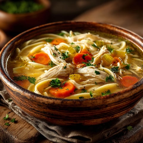 A bowl of soup with chicken and noodles.