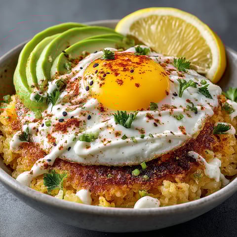 A bowl of food with a fried egg on top.