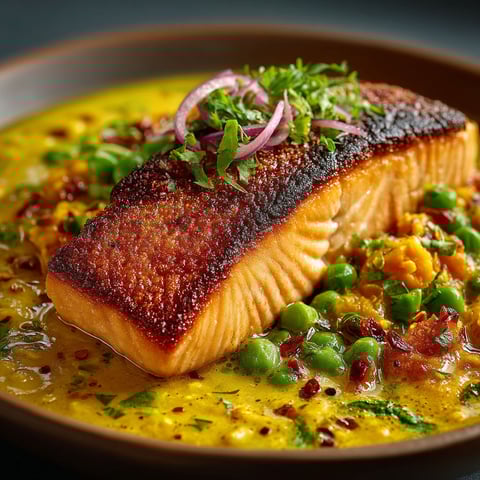 A dish of curry with lentils, salmon, and peas.