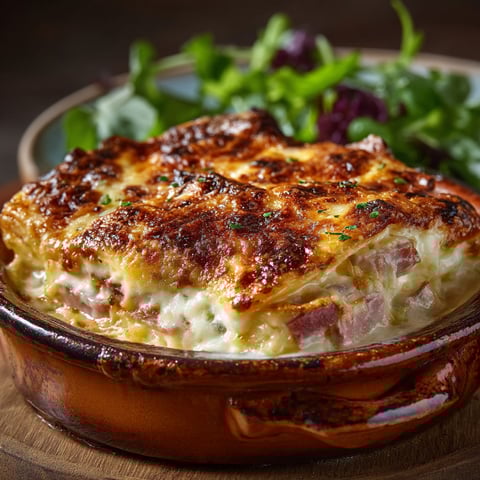 A dish of food with a bowl of salad and a casserole dish with meat and cheese.