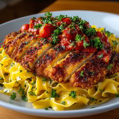 A plate of chicken with tomatoes and herbs.