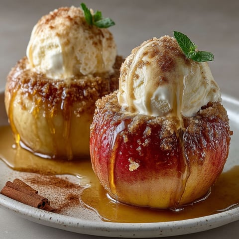 Two apple desserts with caramel sauce.