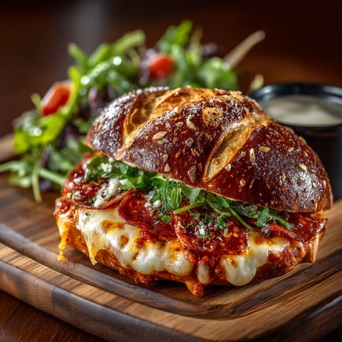 A sandwich with pepperoni and cheese on a wooden board.