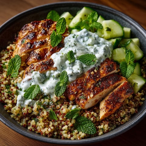 A bowl of food with chicken, rice, and mint.