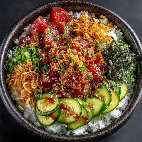 A bowl of food with a variety of ingredients including cucumbers, tomatoes, and rice.