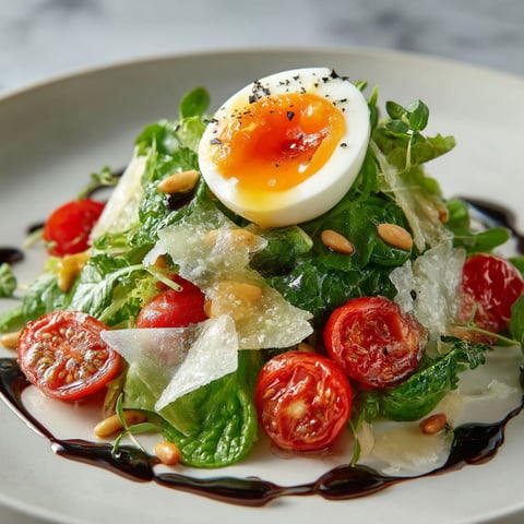 A plate of salad with a fried egg on top.