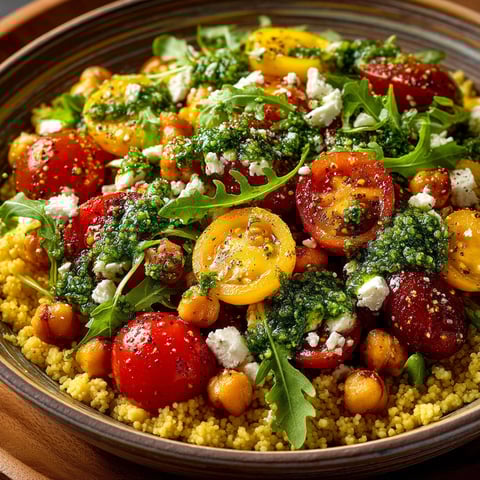 A bowl of salad with tomatoes, cucumbers, and pesto.