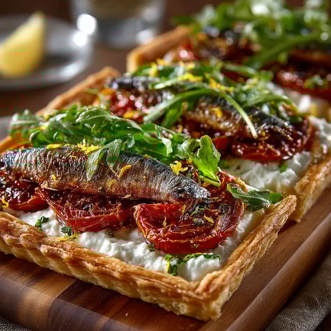 A delicious looking meal of sardines, tomatoes and ricotta.
