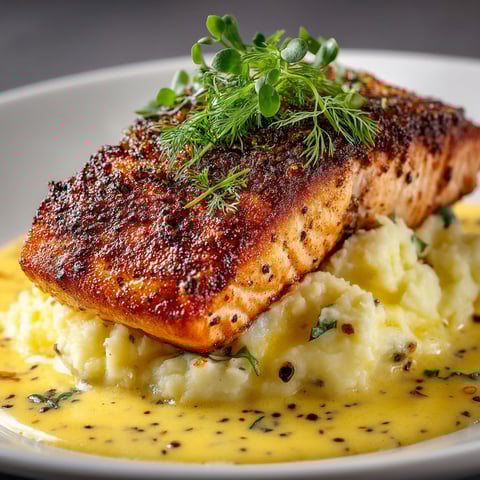 A plate of food with a piece of fish on top.