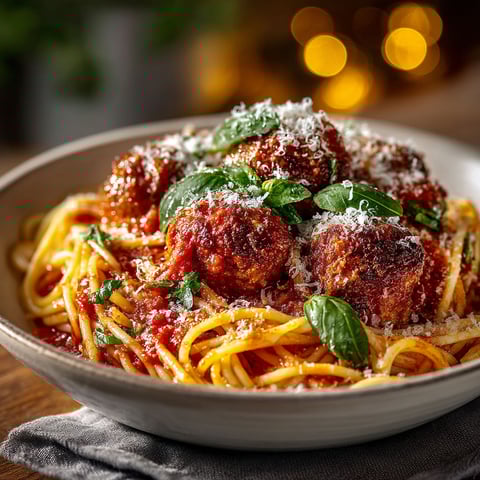 A bowl of pasta with meatballs on top.