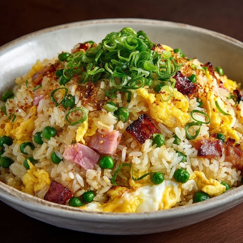 A bowl of rice with peas and ham.