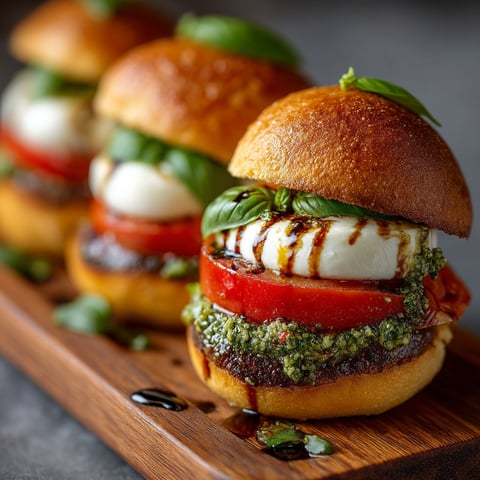 Three mini burgers with tomatoes and basil.