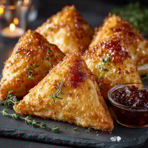 Three triangle shaped pastries with jam on top.