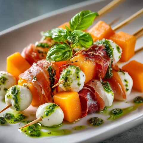 A plate of food with brochette melon and jambon.