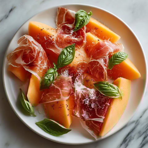 A plate of sliced melon with ham and basil.