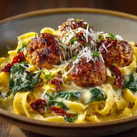 A plate of pasta with meatballs and cheese.