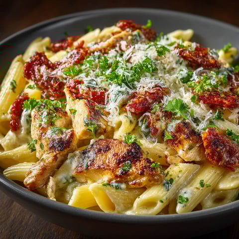 A bowl of pasta with chicken and chorizo.