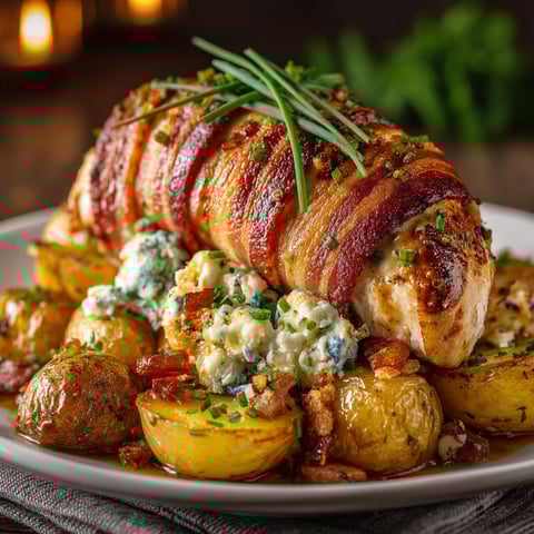 A plate of food with chicken, potatoes, and herbs.