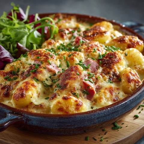 A bowl of gnocchi with cheese and herbs.