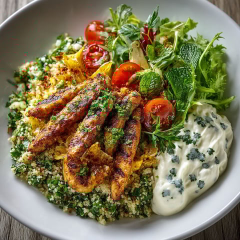 A plate of food with grilled chicken, tomatoes, and feta cheese.