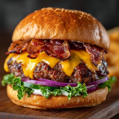 A cheeseburger with bacon on top.