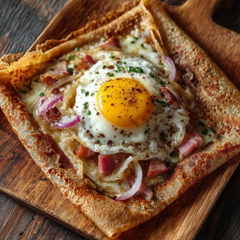 A galette complète with eggs and onions.