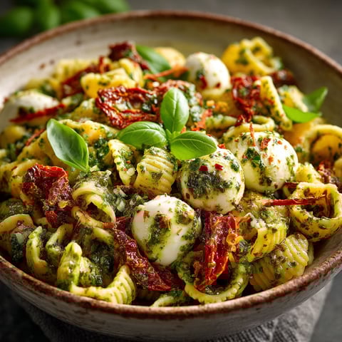 A bowl of pasta with pesto sauce and mozzarella cheese.