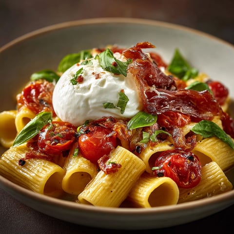 A bowl of rigatoni with tomatoes, prosciutto, and burrata.