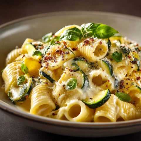 A bowl of pasta with zucchini and cheese.