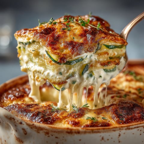 A close up of a delicious gratin de ravioles aux courgettes.