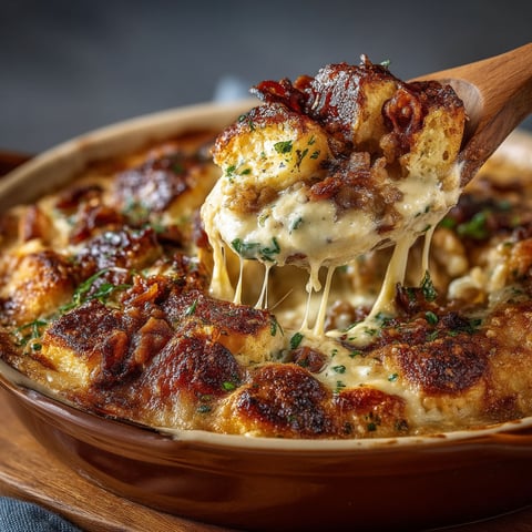 A wooden spoon is being used to scoop up some croziflette.