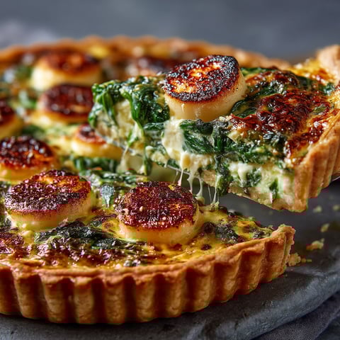 A slice of quiche chèvre épinards.