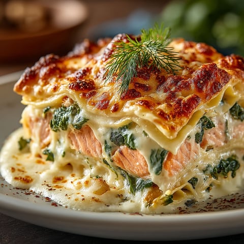 A dish of lasagna with salmon and spinach.