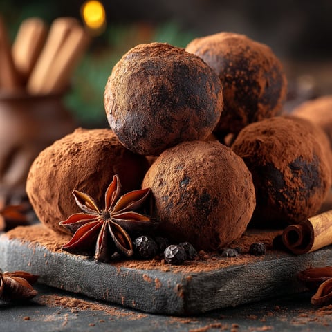 Chocolate balls with spices on a table.