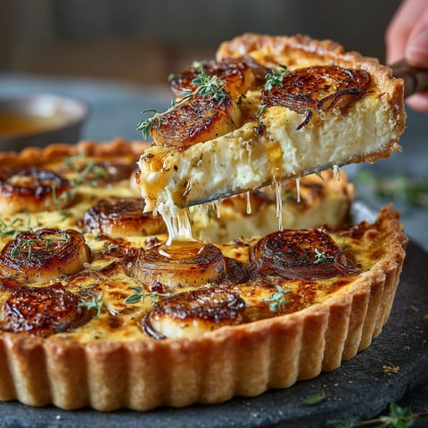 A slice of quiche with onions, cheese and honey.