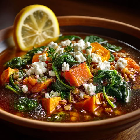 A bowl of soup with vegetables and feta cheese.