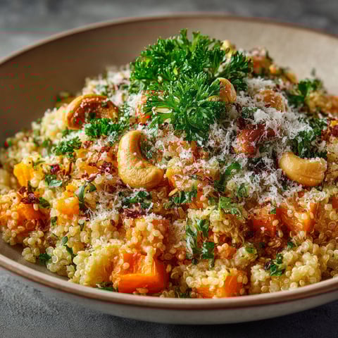 A bowl of rice with vegetables and nuts.