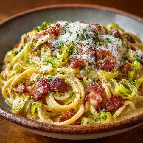 A bowl of pasta with bacon and broccoli.