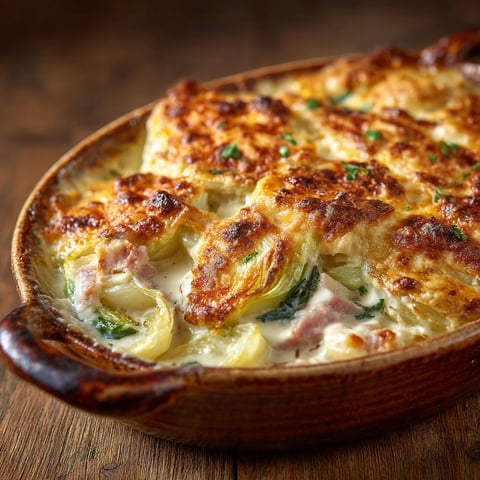 A dish of food with the name Poireaux gratinés au jambon.