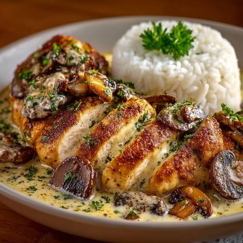 A plate of chicken with mushrooms and rice.