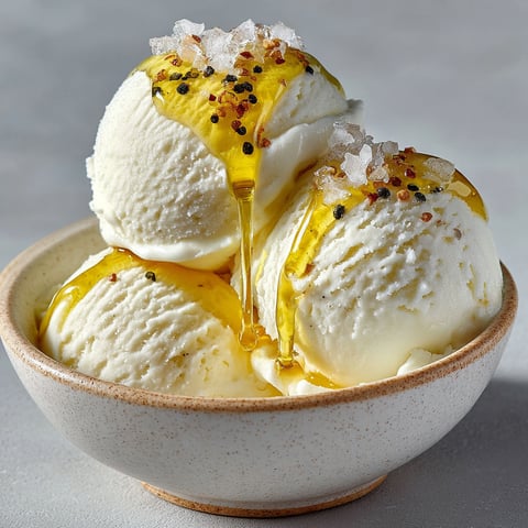 A bowl of vanilla ice cream with a drizzle of olive oil and fleur de sel.
