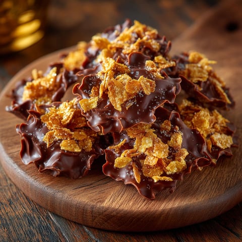 A wooden platter with chocolate covered cereal.