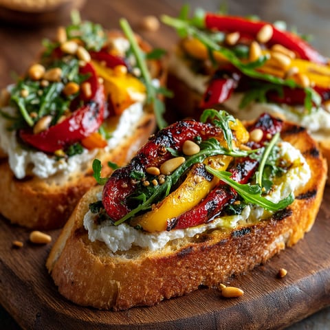 A crostini with cheese, peppers, and greens.