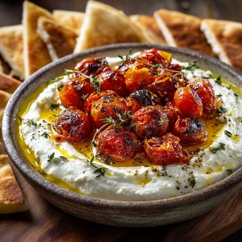 A bowl of dip with tomatoes and feta cheese.