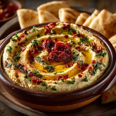 A bowl of hummus with tomatoes.