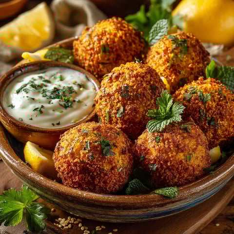 A bowl of falafel balls with a side of sauce.